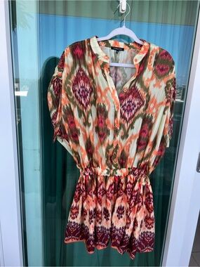 City Chic Ikat Mini Dress in Cream, Olive & Coral